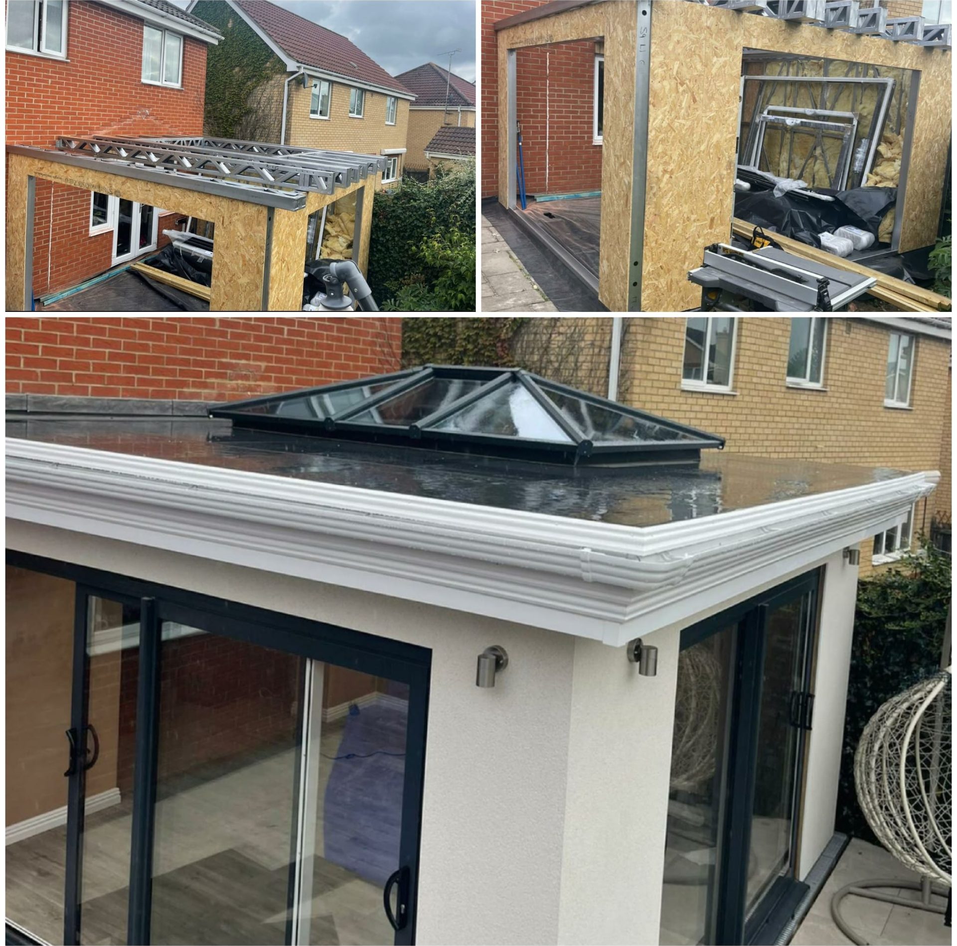 Flat roof with roof lantern fitted to a steel frame extension